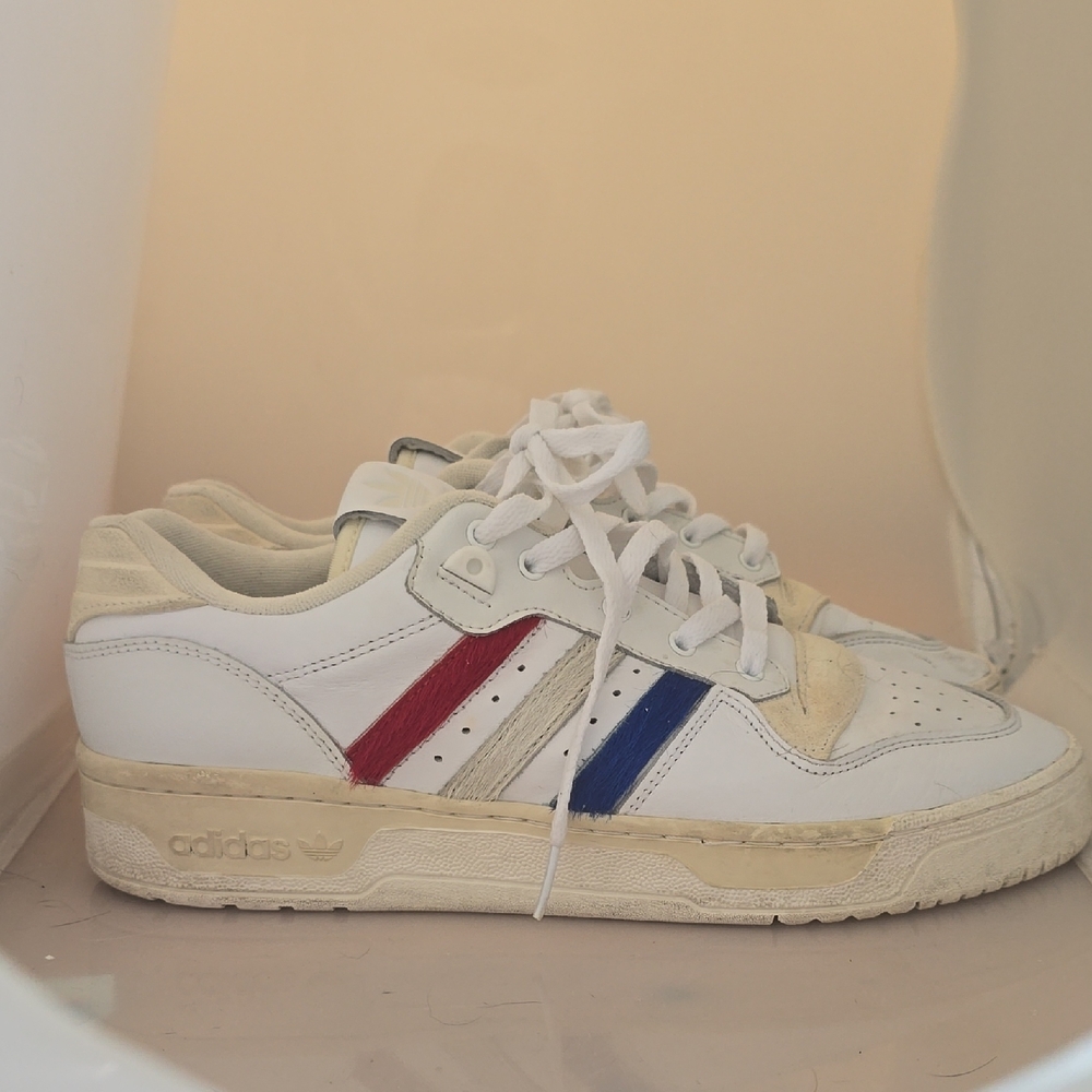 Adidas White Sneakers with Red and Blue Stripes
